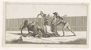 Picador spadl z koně Coleccion de las principales suertes de una corrida de toros (název série na objektu) Sbírka nejdůležitějších býčích manévrů (název série) od Anonymous