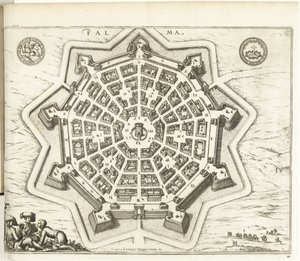 Plattegrond van Palmanova, 1726 Palma (název na objektu) Síly Evropy, Asie, Afriky a Ameriky (...) Stejně jako mapy pobřeží Francie a Španělska (název série na objektu) od Anonymous