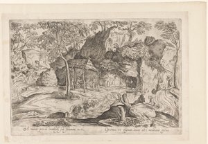 Rotsachtig landschap met dak op palen en rechts leeuw Daleko od světa, ukrytý pod doškovou střechou, Landschappen naar Domenico Campagnola (název série) od Anonymous