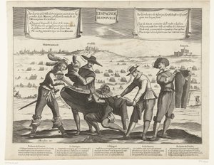 Karikatura Španělů po ztrátě Bredy, Thionville, Perpignanu, Portugalska a Katalánska, 1643 L