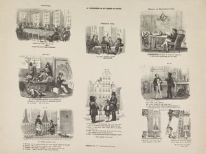 Karikatura vyhlášky v Utrechtu o stavbě a demolici, 1857 Stavební a demoliční řád (název na objektu) od Anonymous