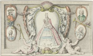 Stojící žena, dva putti a čtyři medailony Móda 1730 Mercure de France (název série) od Anonymous