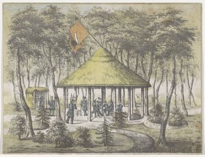 Chrám a zahrada v Boekel, 1831 Pohled na chrám a zahradu v Boekel. Postaveno a postaveno milicemi města Groningen. Jako uznání za přátelské přivítání dne 23. června 1831 členům Společnosti jako memento od Anonymous