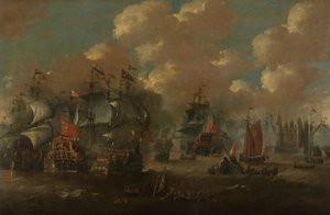 Bitva o Zvuk s Eendrachtem zasahujícím dvě švédské válečné lodě, 1658 od Anonymous
