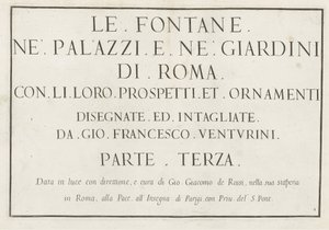 Titulní tisk s orámovaným názvem Le fontane ne palazzi e ne giardini di Roma (název série) Fontány v palácích a zahradách Říma (název série) od Anonymous
