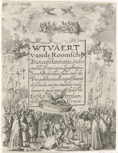 Titulní tisk pro brožuru Wtvaert vande Roman Transubstantiatie, 1612 Wtvaert vande Roman Transsubstanciation, ve welcke Franciscus Lansbergius syne Bedenckinghen o Transsubstanciation proti Joannes de Gouda nyní podruhé tvrdí ende v. od Anonymous