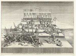 Toneelvoorstelling přes oorlog en vrede; intocht van Ferdinand te Gent v roce 1635 (č. 42) Taková staletí, říkali svým, běží, s vřeteny v harmonii, stabilní, ušetřená bohem osudu (titul na předmětu) Genethliacon divadlo Karla V od Anonymous