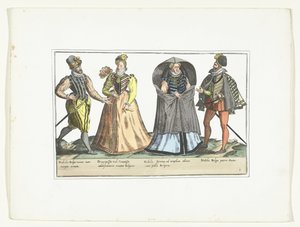 Dva muži a dvě ženy oblečeni podle módy v Nizozemsku, asi 1580 Kostýmy civils des Pays-Bas (název na předmětu) od Anonymous