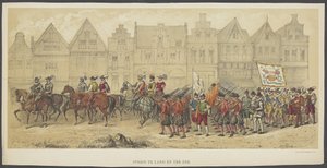 Utrechtská maškaráda, deska b: bitva na zemi a na moři, 1856 Bitva na zemi a na moři (název na objektu) The Founders of Dutch Freedom, (doba Viléma I.) v podání H.H. členové utrechtského studentského sboru na oslavu 220 od Anonymous