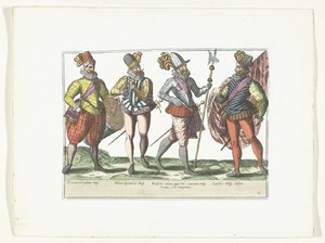 Čtyři španělští vojáci v uniformě, kolem roku 1580 Kostýmy vojenské Espagnoly (název na předmětu) od Anonymous