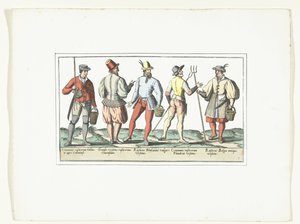 Čtyři rolníci oblečení podle současné módy a jeden ve staré módě, kolem roku 1580 Modes Rustiques (název na objektu) od Anonymous