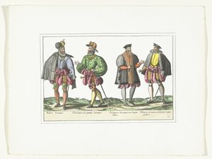 Čtyři muži oblečení v německé módě, kolem roku 1580 Kostýmy Allemands (název na předmětu) od Anonymous