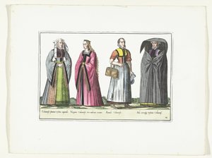 Čtyři ženy oblečené v německé módě, kolem roku 1580 Kostýmy Allemands (název na předmětu) od Anonymous