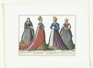 Čtyři ženy oblečené v německé módě v Norimberku, kolem roku 1580 Kostýmy Allemands (název na předmětu) od Anonymous