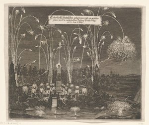 Ohňostroj u Pleißenburgu, 8. července 1667 Churfürstl: Sachsisches gehaltenes und an gezentes Méně werck zu nachts v pevnosti Pleissenburg, 1667, 8. července (název na objektu) od Anonymous
