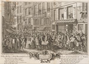 Obchod s větrem v Rue Quinquempoix, 1720 De Regte Obrázek vyjednávání větru konaného v úžině Quinquempoix do Parys (název na objektu) The Great Scene of Folly (název série) od Anonymous