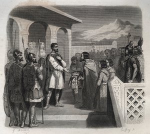 Deputace města Clermont nabízí episkopát svaté Sidoině Apolinářovi (Caius Sollius Apollinaris Sidonius), politikovi, eveque a gallo-římském spisovateli (430-486). Rytina z roku 1846 v „Životech svatých““. Soukromá sbírka. od Anonymous Anonymous