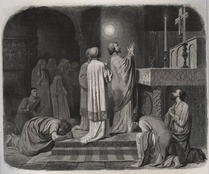 Při práci se nad SVATÝM MARTINEM eveque de Tours (316-397) objevuje ohnivá koule. Rytina z roku 1846 v „Životech svatých““. Soukromá sbírka. od Anonymous Anonymous
