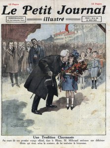Malá holčička nabízí kytici v barvách trikolóry prezidentovi republiky Alexandre Millerandovi během jednoho ze svých vysídlení na Rhoně. Ilustrace převzata z „“Le petit journal““ z 27.3.1921. Soukromá sbírka od Anonymous Anonymous