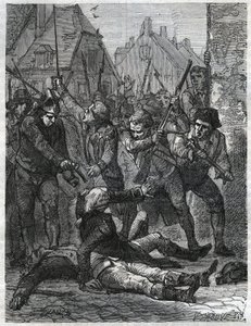 Scéna z období francouzské revoluce: Theobald de Dillon (1745-1792) a džin důstojník jménem Berthois byli zmasakrováni vojáky a lidmi z Lille, kteří je obvinili ze zrady. Rytina z roku 1866 v „Histoire de la Revolution fr od Anonymous Anonymous