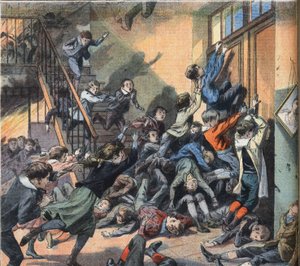V Clevelandu (Spojené státy americké) vyhořela škola. Rytina z novin „“Le Petite Parisien“, 22.3.1908. Soukromá sbírka. od Anonymous Anonymous