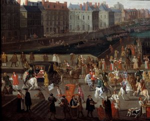 Aktivity a průchod na Pont Neuf v Paříži Anonymní obraz 17. století. Paříž, Musee d