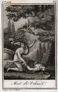 Adonisova smrt. Rytina z roku 1819 v „Lettres a Emilie sur la mythologie“ od Charlese Alberta Demoustiera (1760-1801). Soukromá sbírka. od Anonymous Anonymous