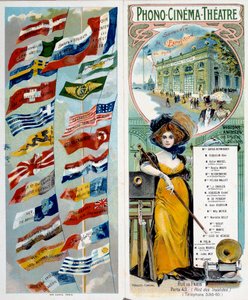 Reklama: Phono - kino - divadlo: vidět a slyšet slavné umělce. Chromolitografie publikovaná na světové výstavě v roce 1900 s vlajkami různých zemí. Paříž, Musee Carnavalet - Plakátová reklama “” Phono - kino - divadlo: vidět a slyšet f od Anonymous Anonymous