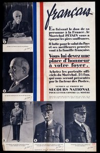 Reklamní plakát na prodej portrétů maršála Philippe Petaina během druhé světové války a vychvalující Petaina (prodáno ve prospěch národní pomoci v boji proti chudobě) od Anonymous Anonymous