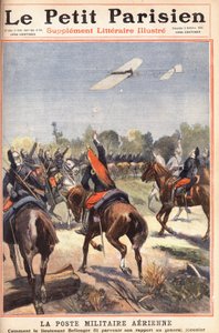Letecká vojenská stanice: jak poručík Georges Bellenger (1878-1977) poslal svou zprávu generálu Meunierovi, titulní strana novin „Le petit parisien“ dne 2.10.1910 (rytina) od Anonymous Anonymous