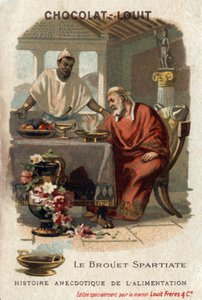 Neoficiální historie jídla: Sparťanská mohyla. Denys starší (431-367 př.nl), tyran ze Syrakus, nenáviděl mohylu, když ji ochutnal. Kuchař odpověděl, že nesmí mít takový hlad, aby to ocenil. Chocolate-Louit chromolitografie, konec 19. století od Anonymous Anonymous
