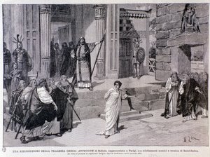 Antigona odsouzena k smrti. Scéna ze hry Antigine s hudbou Camille Saint-Saens, uvedené v Paříži od Anonymous Anonymous