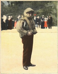 Letectví: Letecký oblek určený k ochraně letců před pádem. Rytina v „“Le petit parisien““ dne 16. 10. 1910. Soukromá sbírka. od Anonymous Anonymous