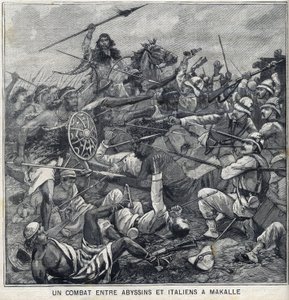 Bitva mezi Abyssins of Menelik II a Italy v Makalle v Etiopii. Rytina „“Le Petite Parisien““ od Anonymous Anonymous