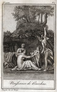 Narození Baccha, syna Jupitera a Semele. Rytina z roku 1819 v „Lettres a Emilie sur la mythologie“ od Charlese Alberta Demoustiera (1760-1801). Soukromá sbírka. od Anonymous Anonymous