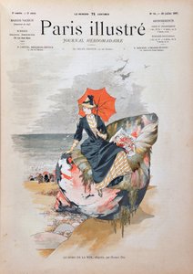 U moře, alegorie Haberta Dyse. Elegantní žena s deštníkem na obří mušli pózuje na písku pláže. Rytina z roku 1887 v týdeníku Paris-Illustrous journal. od Anonymous Anonymous