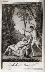 Cephale a Procris (Cephalus) pár milenců. Rytina z roku 1819 v „Lettres a Emilie sur la mythologie“ od Charlese Alberta Demoustiera (1760-1801). Soukromá sbírka. od Anonymous Anonymous