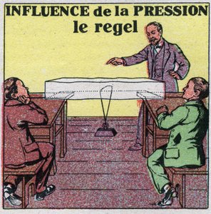 Změny skupenství: vliv tlaku na fúzi. Zažijte, jak regel nebo drát natažený závažím projde kusem ledu, aniž by ho rozbil. Anonymní ilustrace z roku 1925. Soukromá sbírka. od Anonymous Anonymous