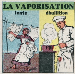 Změny skupenství: pomalé odpařování (působení větru) nebo var (teplo pod pánví). Anonymní ilustrace z roku 1925. Soukromá sbírka. od Anonymous Anonymous