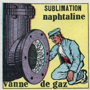Změny skupenství: sublimace. Zásobník naftalinu ucpává plynový ventil. Anonymní ilustrace z roku 1925. Soukromá sbírka. od Anonymous Anonymous