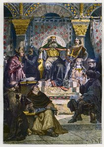 Karel Veliký (742 - 814) na trůnu předsedající Palácové akademii - Karel Veliký (747-814) Král Franků a křesťanský císař Západu předsedající Palácové škole v Cáchách (Cáchy) - rytina „“ L