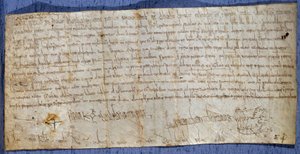 Charta krále Karla Velikého (Karel I., Karel Veliký nebo Carolus Magnus) (742-814) osvobozující opatství Saint Denis od mýtného během veletrhu. Konec 8. století. Paříž, Národní archiv od Anonymous Anonymous