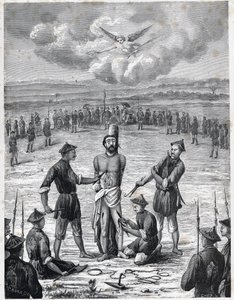 Křesťanské pronásledování: francouzský misionářský kněz Joseph Marchand utrpěl „muka sta ran“ v Kočinčíně 30. listopadu 1835. Rytina v „Les Missions Catholiques au XIXeme Siecle““ od Louise Eugena (Louis Eugene) Louveta. soukromá spol od Anonymous Anonymous