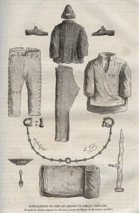 Oblečení a žehličky obdržela síla, která dorazila do bagne de Rochefort v 19. století (z původní kresby Clemanse, forcat du bagne v roce 1840). Rytina do „Historie odsouzených od jejich vzniku až po současnost“ (1877) od Pierra Zacconeho (18 od Anonymous Anonymous