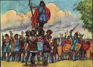 Clovis (král franků v letech 481 až 511) byl zvolen králem Saliany, kteří ho při prohlídce tábora nosili na hradbě (štítu). Anonymní ilustrace v “” Collection des souverains et chefs d