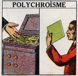Barvy: polychroismus. Zlaté mince jsou žluté, ale tenkovrstvé zlato má zelenou barvu. Anonymní ilustrace z roku 1925. Soukromá sbírka. od Anonymous Anonymous