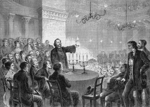 Konference reformátora Johannese (Jeana) Rongeho (1813-1887) ve Vídni v roce 1868. Založil Univerzální křesťanskou církev. rytina 1868. Soukromá sbírka. od Anonymous Anonymous