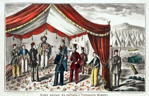 Kozáci navštěvující turecký Mushir po bitvě u Kurekdere - Anonymní - 1855 - Litografie, akvarel - 55,7x68 - Soukromá sbírka od Anonymous Anonymous