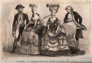 Kostýmy na počátku vlády Ludvíka XVI. (1775). Rytina z roku 1859 v „“ Le Monde. Dějiny všech národů od nejvzdálenějších dob až po současnost“. od M. E. de Lostalot-Bachoue (Lostalot Bachoue). Soukromá sbírka. od Anonymous Anonymous