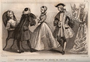 Kostýmy na počátku vlády Ludvíka XV. (1720). Rytina z roku 1859 v „“ Le Monde. Dějiny všech národů od nejvzdálenějších dob až po současnost“. od M. E. de Lostalot-Bachoue (Lostalot Bachoue). Soukromá sbírka. od Anonymous Anonymous